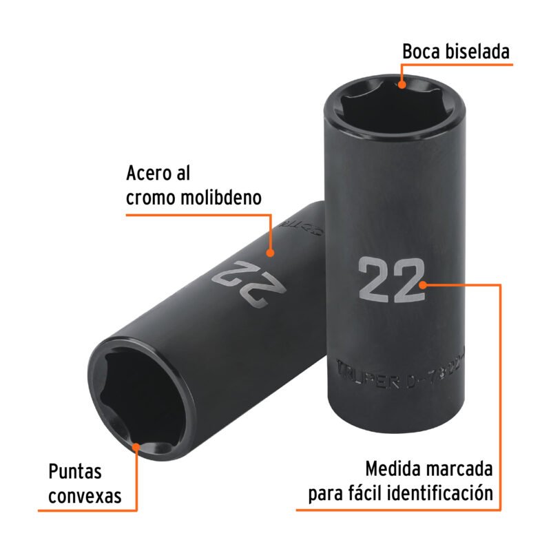 D-7322-MLFC1.jpg Código: 100921 Dado largo impacto de 22 mm, 6 puntas, cuadro 1/2', Truper D-7322-ML