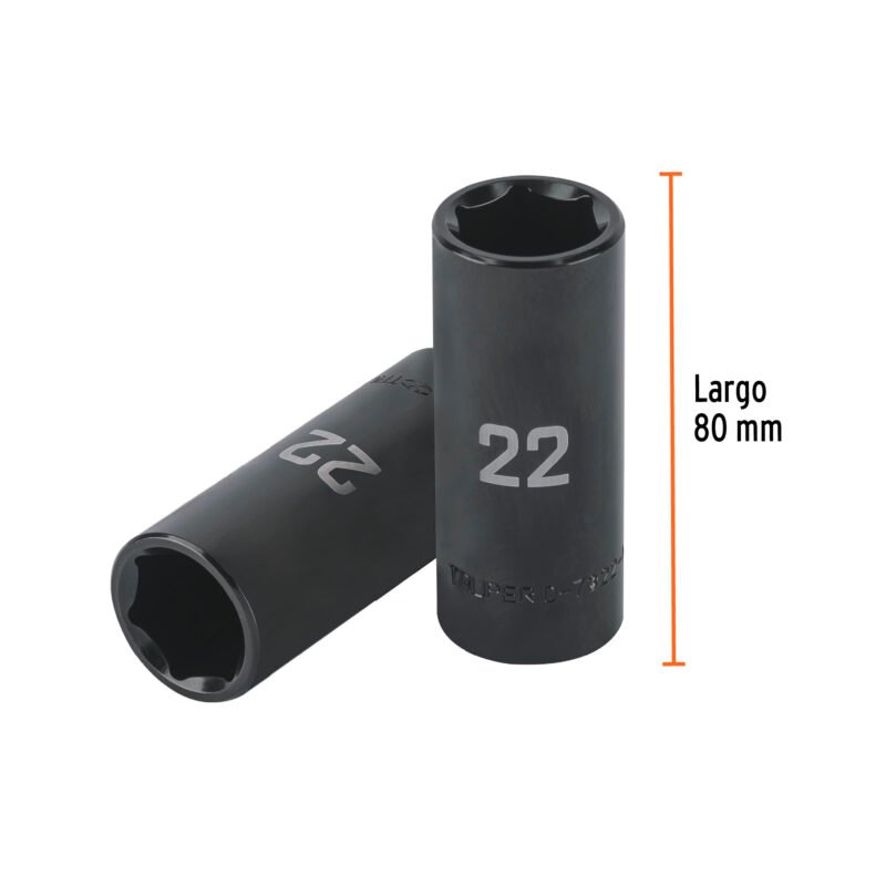 D-7322-MLFC2.jpg Código: 100921 Dado largo impacto de 22 mm, 6 puntas, cuadro 1/2', Truper D-7322-ML