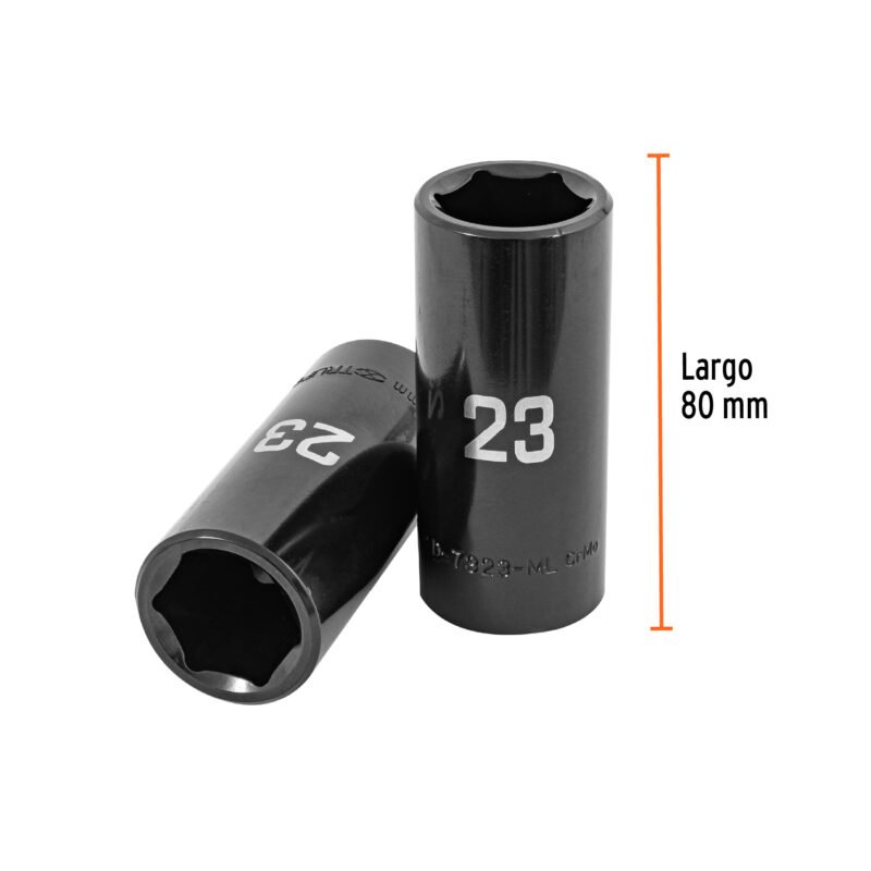 D-7323-MLFC2.jpg Código: 100922 Dado largo impacto de 23 mm, 6 puntas, cuadro 1/2', Truper D-7323-ML