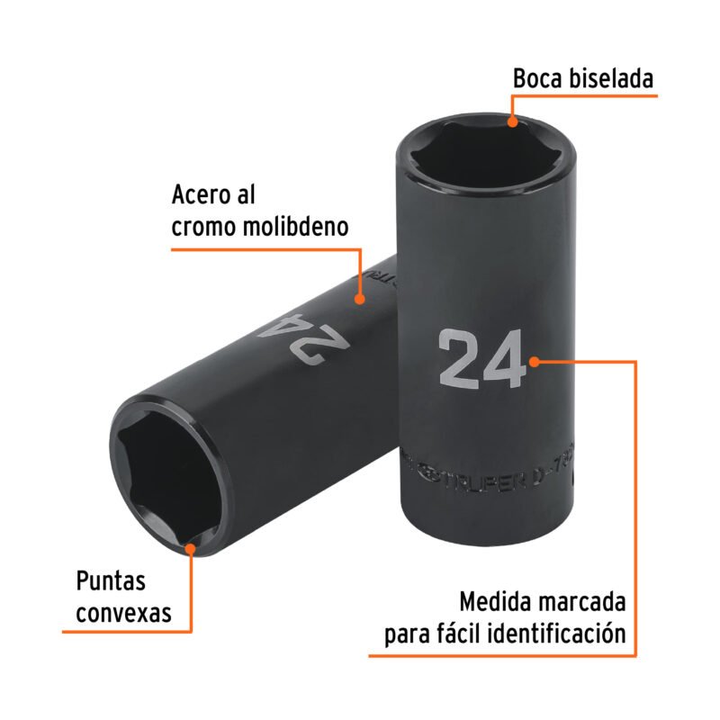 D-7324-MLFC1.jpg Código: 100923 Dado largo impacto de 24 mm, 6 puntas, cuadro 1/2', Truper D-7324-ML