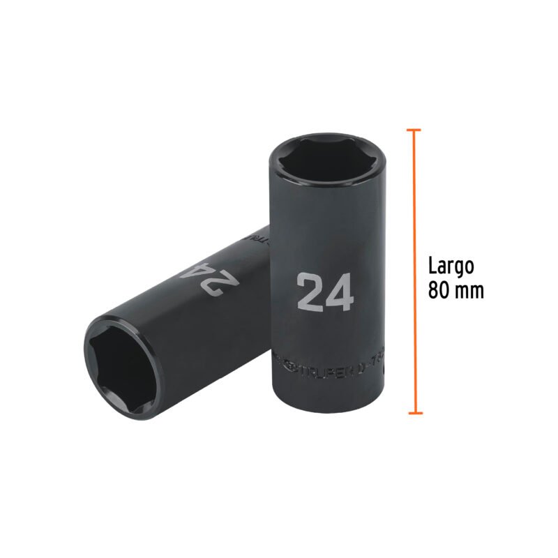 D-7324-MLFC2.jpg Código: 100923 Dado largo impacto de 24 mm, 6 puntas, cuadro 1/2', Truper D-7324-ML