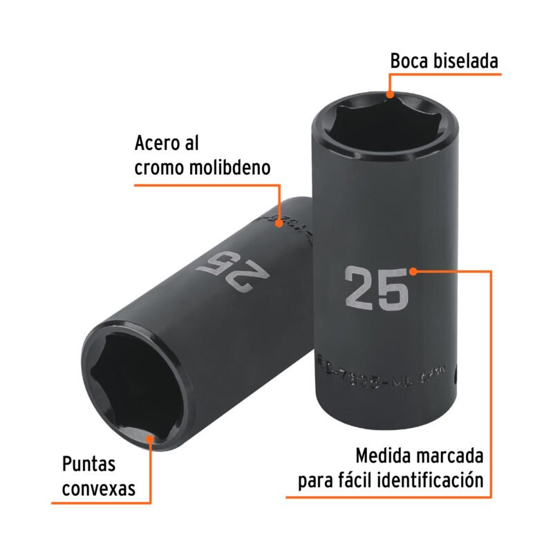D-7325-MLFC1.jpg Código: 100924 Dado largo impacto de 25 mm, 6 puntas, cuadro 1/2', Truper D-7325-ML