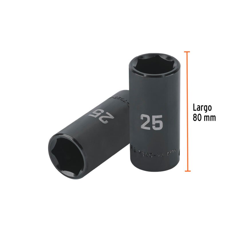 D-7325-MLFC2.jpg Código: 100924 Dado largo impacto de 25 mm, 6 puntas, cuadro 1/2', Truper D-7325-ML
