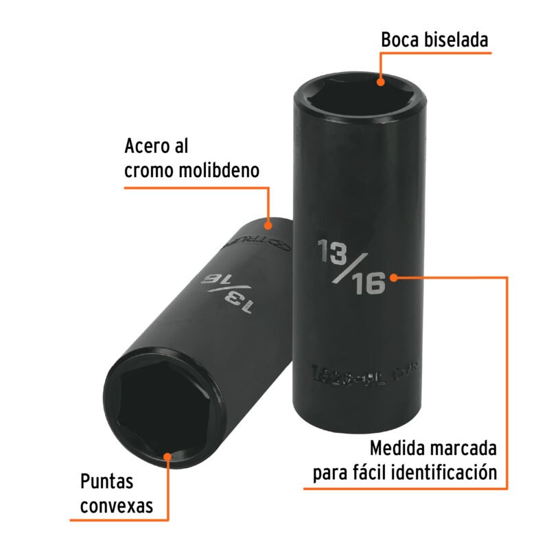 D-7326-HLFC1.jpg Código: 13393 Dado largo impacto de 13/16', 6 puntas, cuadro 1/2', Truper D-7326-HL
