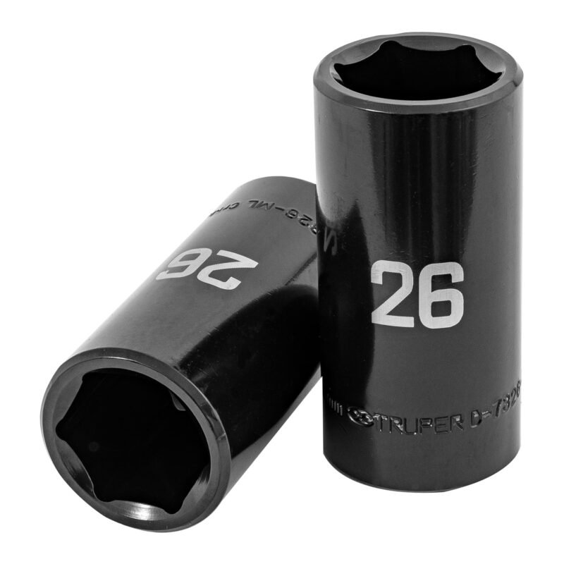 D-7326-ML.jpg Código: 100925 Dado largo impacto de 26 mm, 6 puntas, cuadro 1/2', Truper D-7326-ML