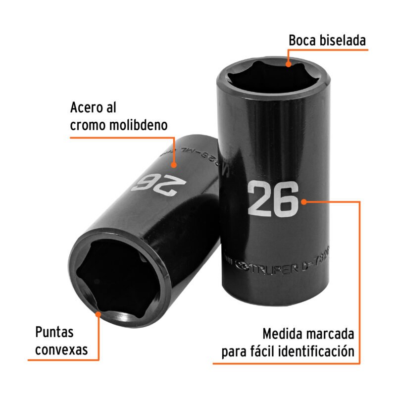 D-7326-MLFC1.jpg Código: 100925 Dado largo impacto de 26 mm, 6 puntas, cuadro 1/2', Truper D-7326-ML