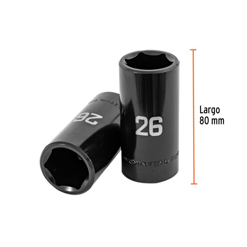 D-7326-MLFC2.jpg Código: 100925 Dado largo impacto de 26 mm, 6 puntas, cuadro 1/2', Truper D-7326-ML