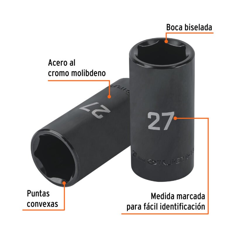 Código: 100926 Dado largo impacto de 27 mm, 6 puntas, cuadro 1/2', Truper D-7327-ML