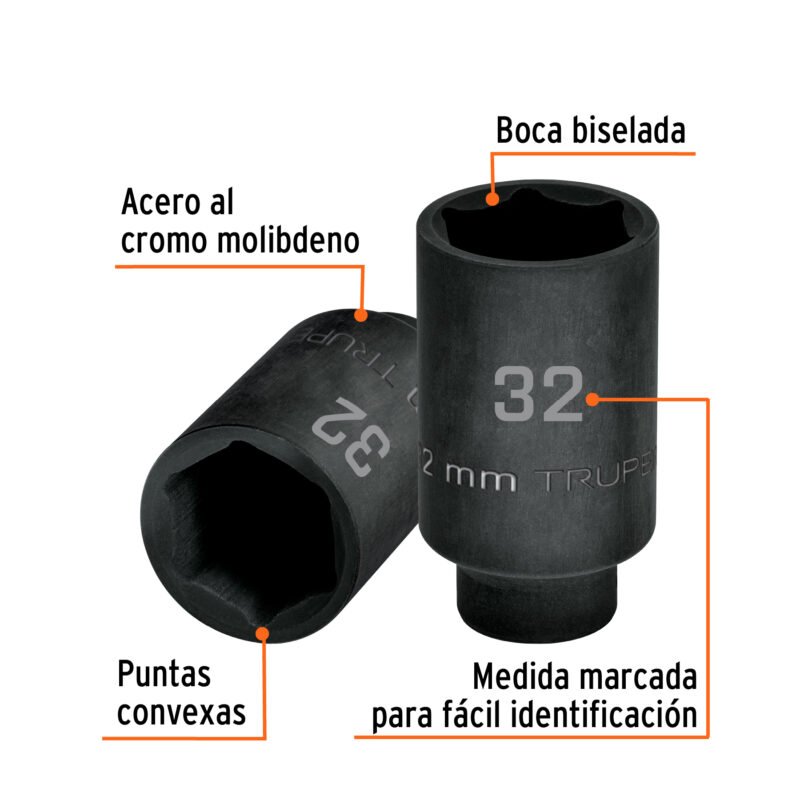 D-7332-MLFC1.jpg Código: 103192 Dado largo impacto de 32 mm, 6 puntas, cuadro 1/2', Truper D-7332-ML