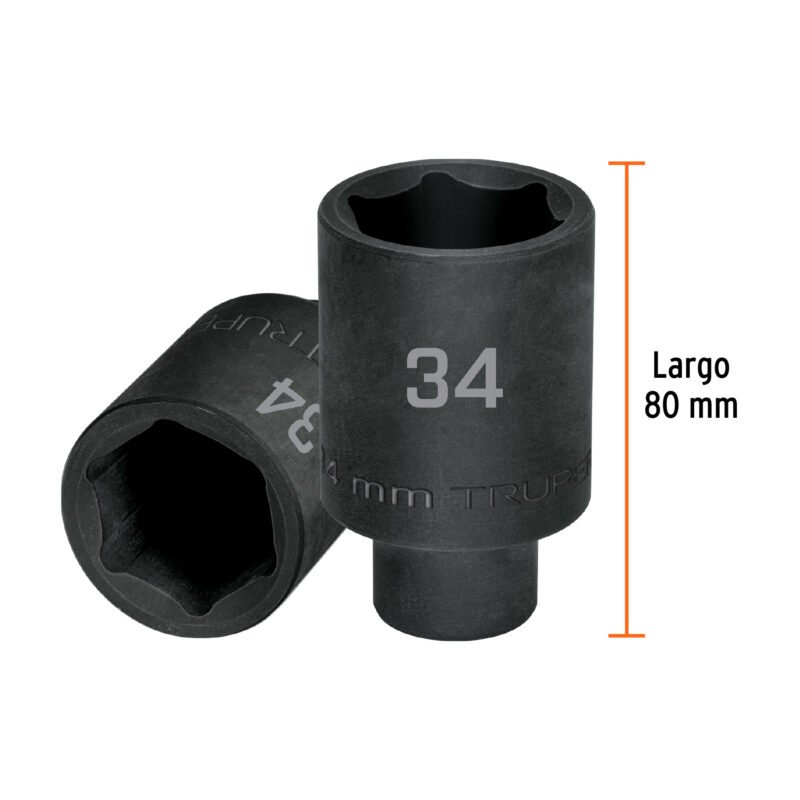 Código: 103193 Dado largo impacto de 34 mm, 6 puntas, cuadro 1/2', Truper D-7334-ML