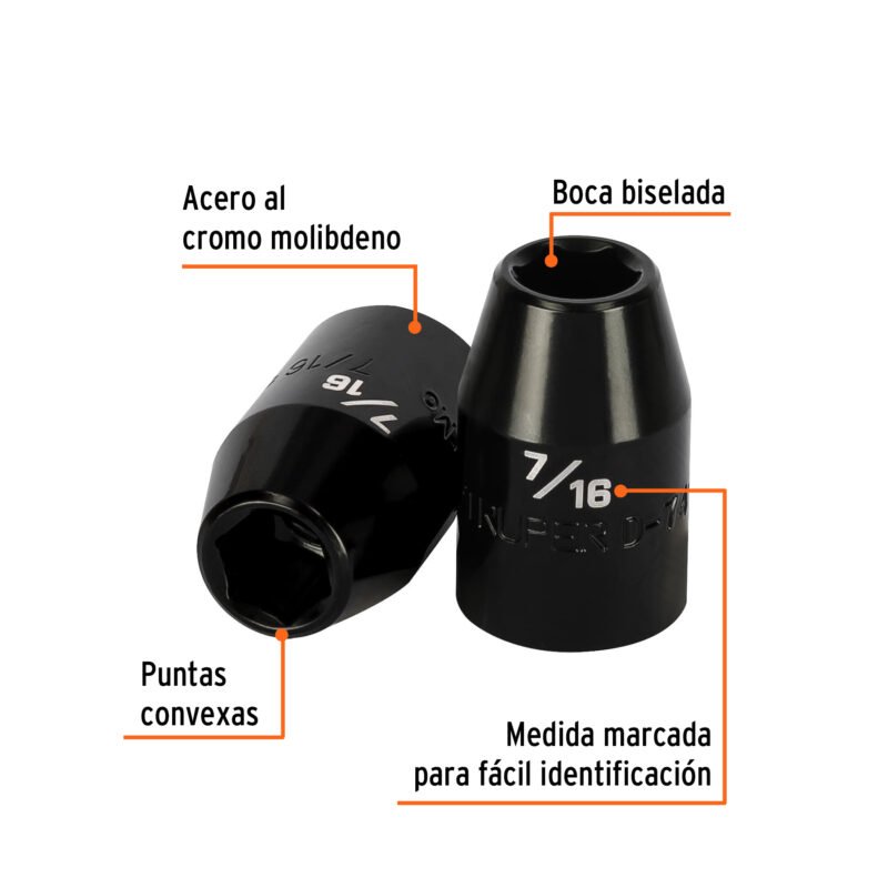 D-7414-HFC1.jpg Código: 13376 Dado de impacto de 7/16', 6 puntas, cuadro 1/2', Truper D-7414-H