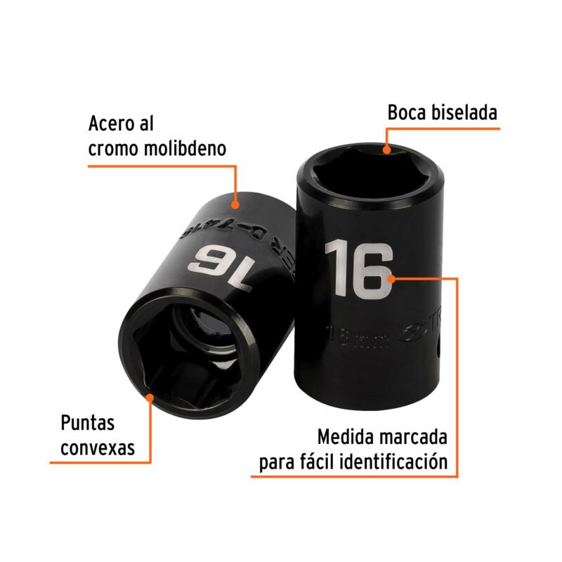 Código: 12416 Dado cuadro 1/2' de impacto 6 puntas de 16 mm, Truper D-7416-M