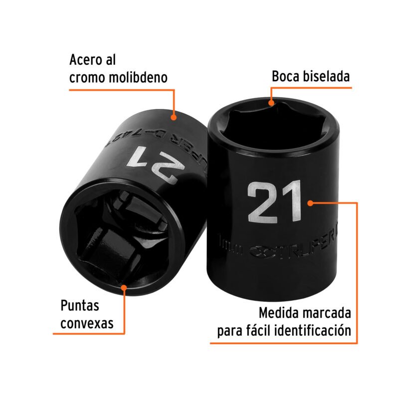 Código: 12421 Dado cuadro 1/2' de impacto 6 puntas de 21 mm, Truper D-7421-M