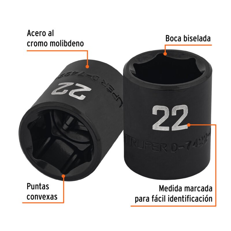 Código: 100895 Dado de impacto de 22 mm, 6 puntas, cuadro 1/2', Truper D-7422-M