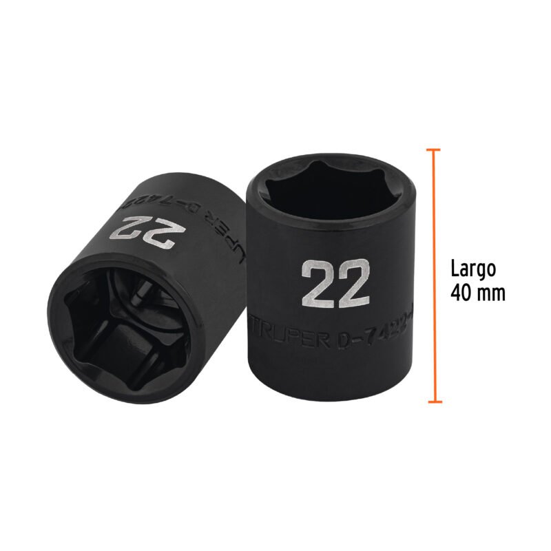 Código: 100895 Dado de impacto de 22 mm, 6 puntas, cuadro 1/2', Truper D-7422-M