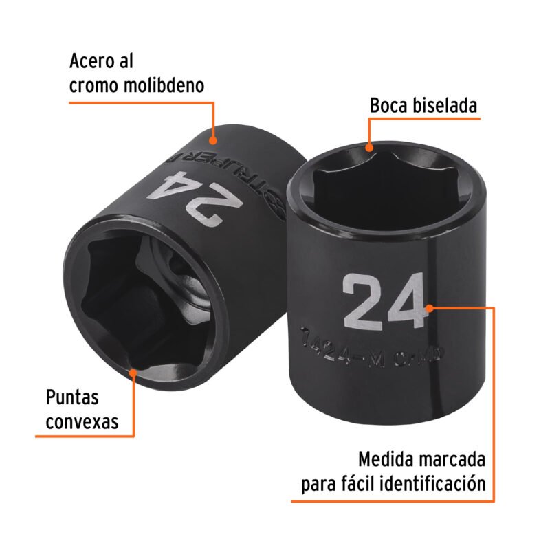 Código: 100897 Dado de impacto de 24 mm, 6 puntas, cuadro 1/2', Truper D-7424-M