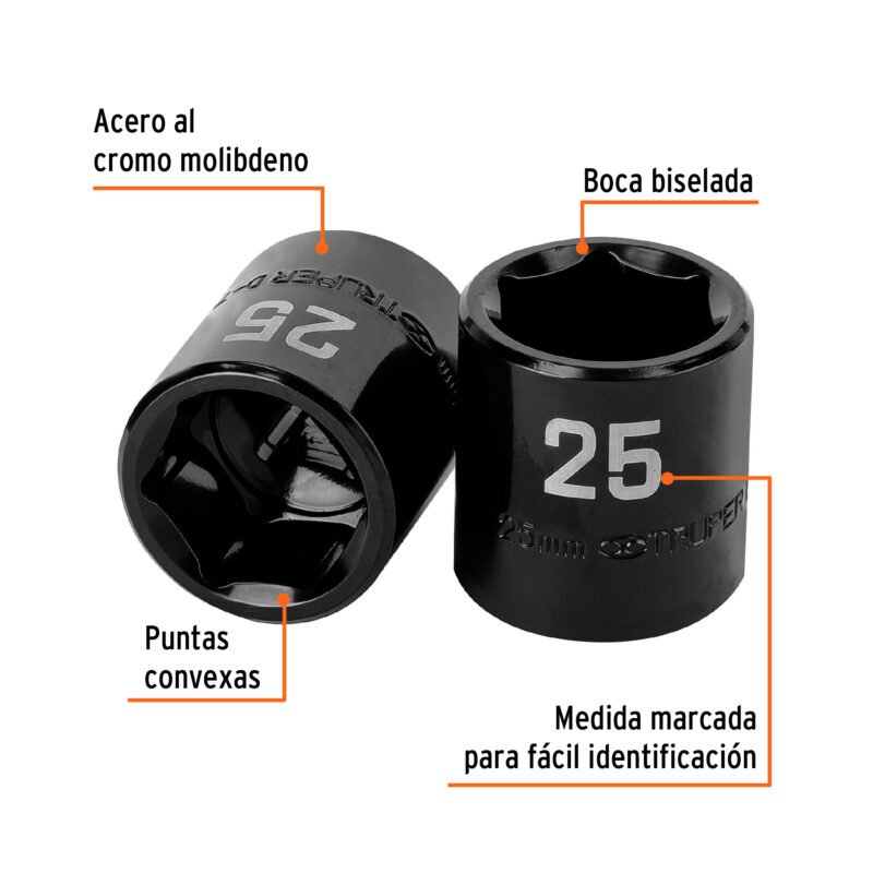 Código: 100898 Dado de impacto de 25 mm, 6 puntas, cuadro 1/2', Truper D-7425-M