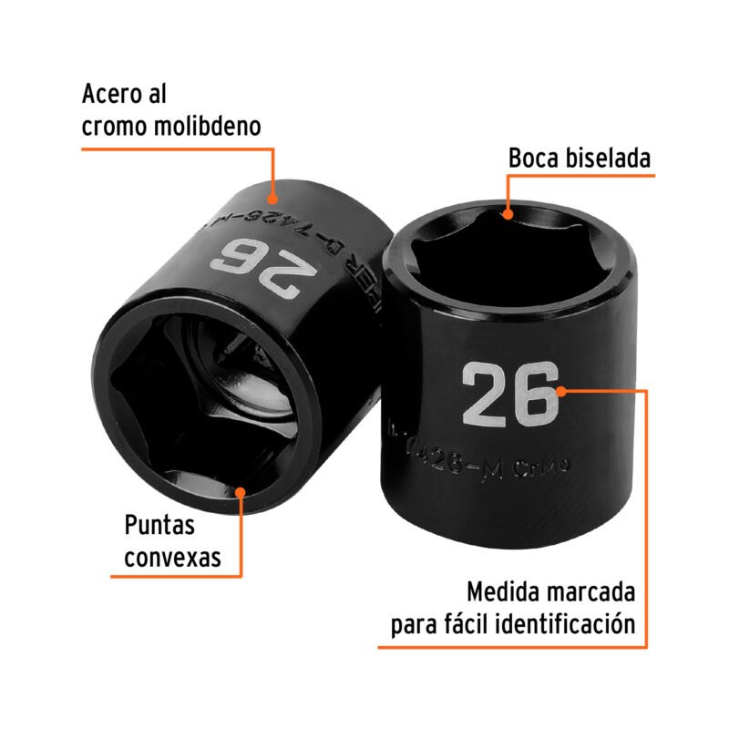 Código: 100899 Dado de impacto de 26 mm, 6 puntas, cuadro 1/2', Truper D-7426-M