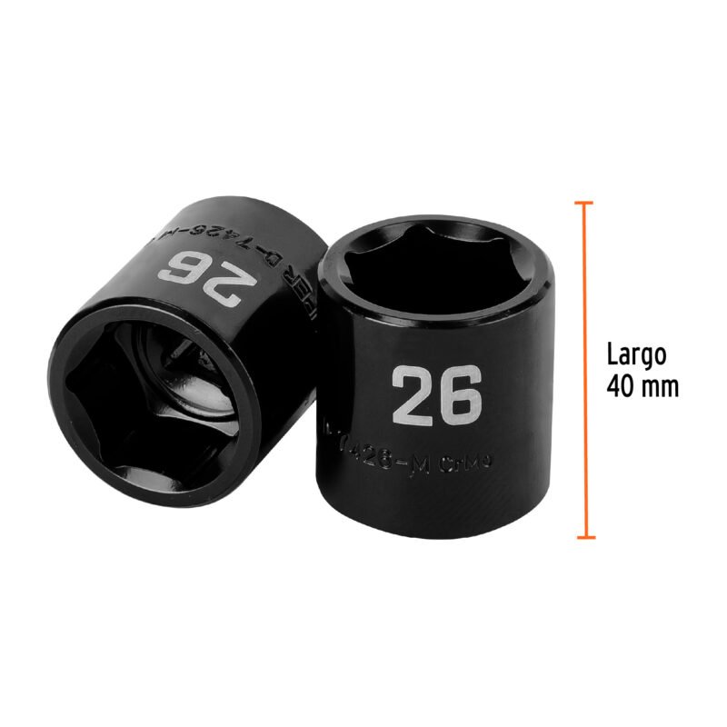 Código: 100899 Dado de impacto de 26 mm, 6 puntas, cuadro 1/2', Truper D-7426-M