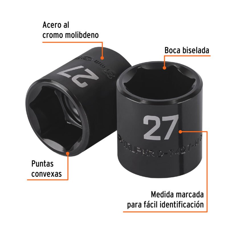 Código: 100920 Dado de impacto de 27 mm, 6 puntas, cuadro 1/2', Truper D-7427-M