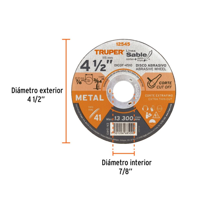 DICOF-4510FC1.jpg Código: 12545 Disco Tipo 41 de 4-1/2' x 1 mm corte fino de metal, Sable DICOF-4510
