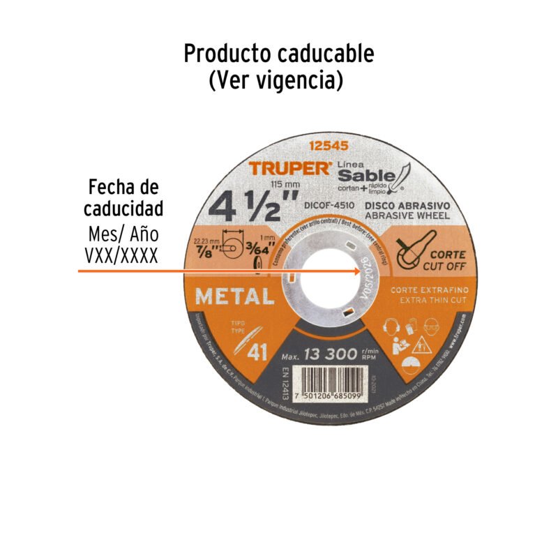 DICOF-4510FC2.jpg Código: 12545 Disco Tipo 41 de 4-1/2' x 1 mm corte fino de metal, Sable DICOF-4510