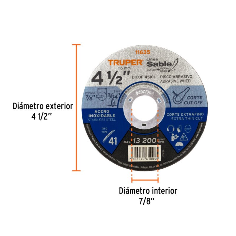Código: 11635 Disco Tipo 41 de 4-1/2' x 1 mm corte fino acero inox, Sable DICOF-4510I