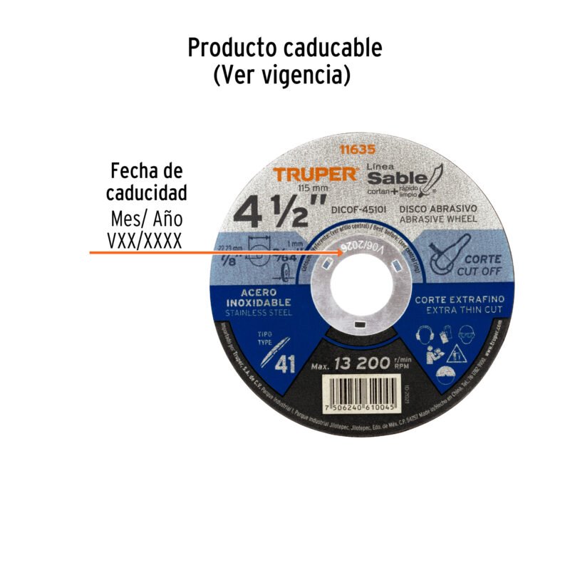 Código: 11635 Disco Tipo 41 de 4-1/2' x 1 mm corte fino acero inox, Sable DICOF-4510I