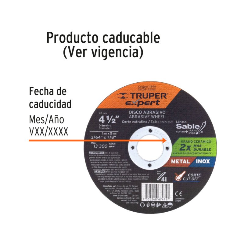 DICOF-4510XFC2.jpg Código: 11899 Disco Tipo 41 de 4-1/2' x 1 mm corte fino de metal, Expert DICOF-4510X