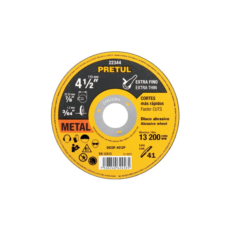 DICOF-4512P.jpg Código: 22344 Disco Tipo 41 de 4-1/2' x 1.2 mm corte fino de metal, Pretul DICOF-4512P