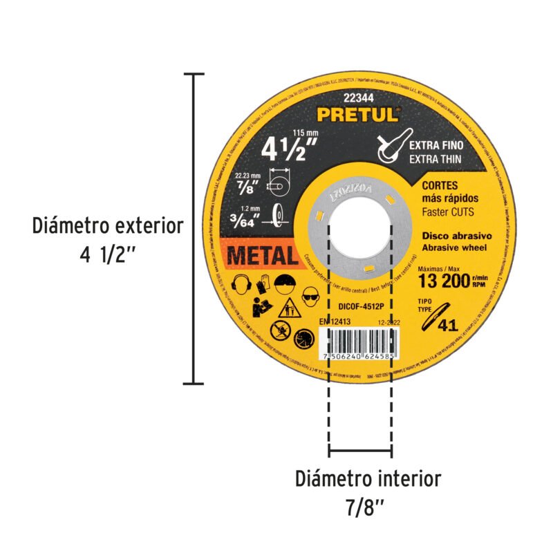 Discos para corte extrafino de metal (gráficos) Código: 22344 Disco Tipo 41 de 4-1/2' x 1.2 mm corte fino de metal, Pretul DICOF-4512P