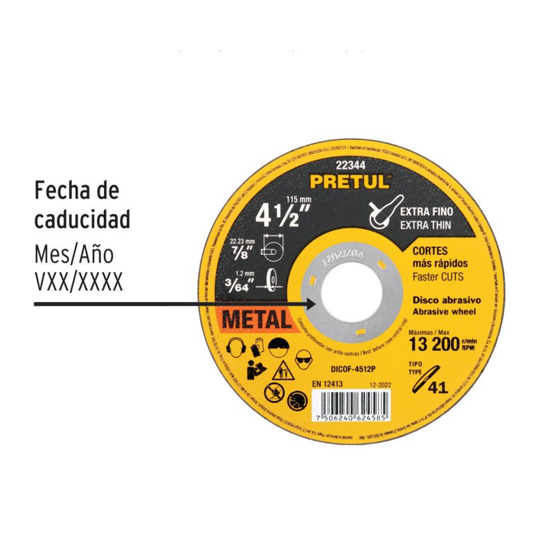 discos Código: 22344 Disco Tipo 41 de 4-1/2' x 1.2 mm corte fino de metal, Pretul DICOF-4512P