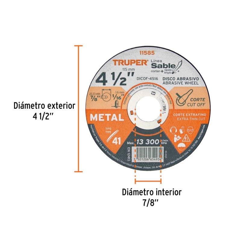 DICOF-4516FC1.jpg Código: 11585 Disco Tipo 41 de 4-1/2' x 1.6 mm corte fino de metal, Sable DICOF-4516