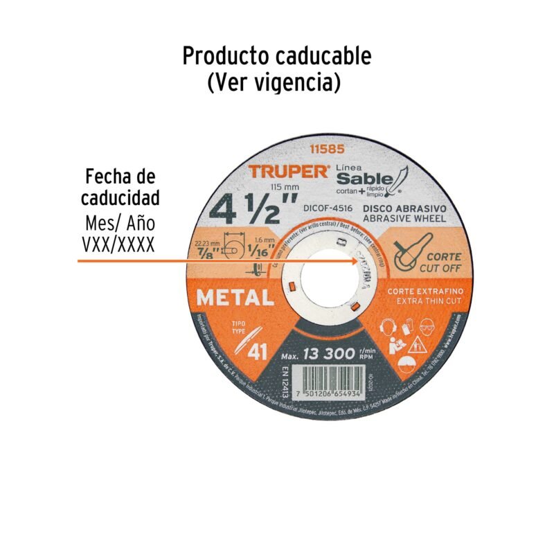 DICOF-4516FC2.jpg Código: 11585 Disco Tipo 41 de 4-1/2' x 1.6 mm corte fino de metal, Sable DICOF-4516
