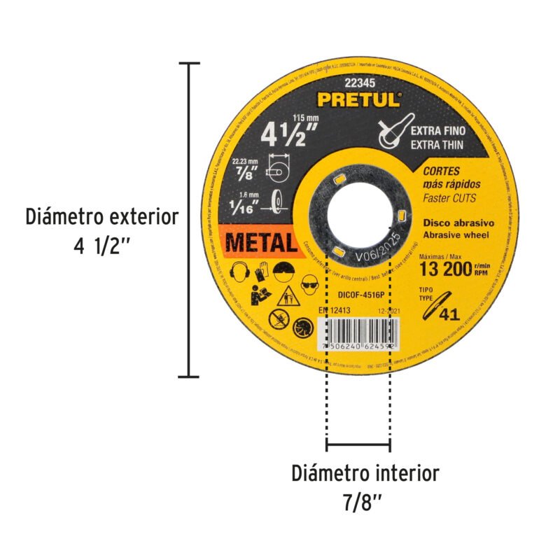 DICOF-4516PFC1.jpg Código: 22345 Disco Tipo 41 de 4-1/2' x 1.6 mm corte fino de metal, Pretul DICOF-4516P