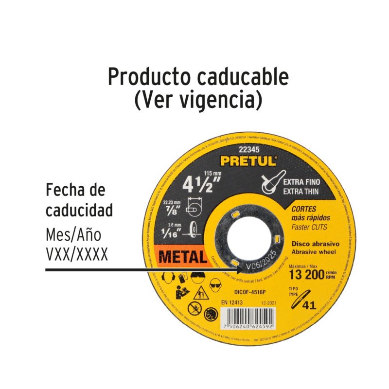DICOF-4516PFC2.jpg Código: 22345 Disco Tipo 41 de 4-1/2' x 1.6 mm corte fino de metal, Pretul DICOF-4516P