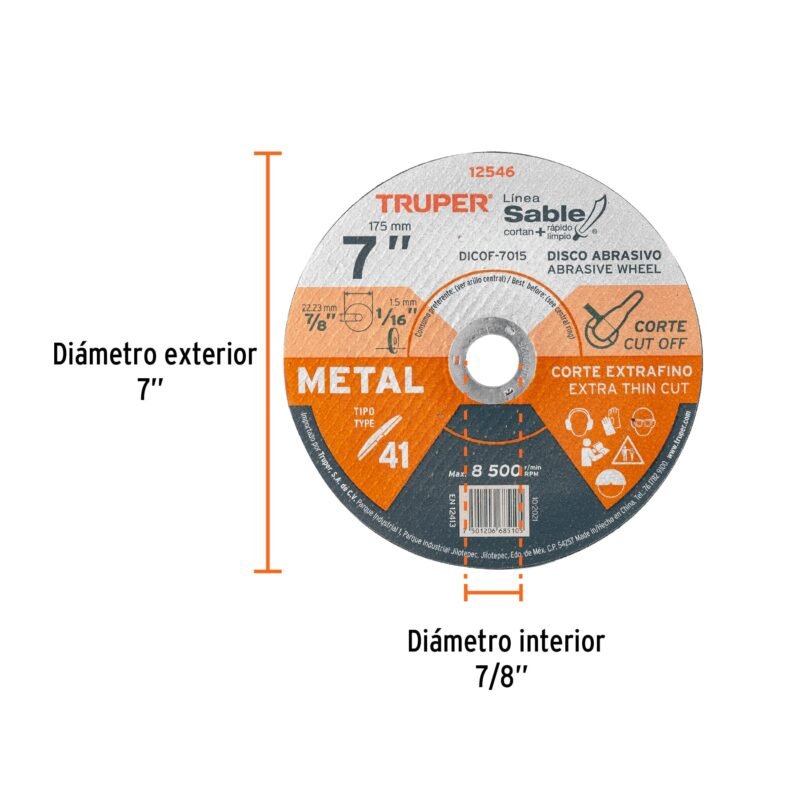 Código: 12546 Disco Tipo 41 de 7' x 1.5 mm corte fino de metal, Sable DICOF-7015