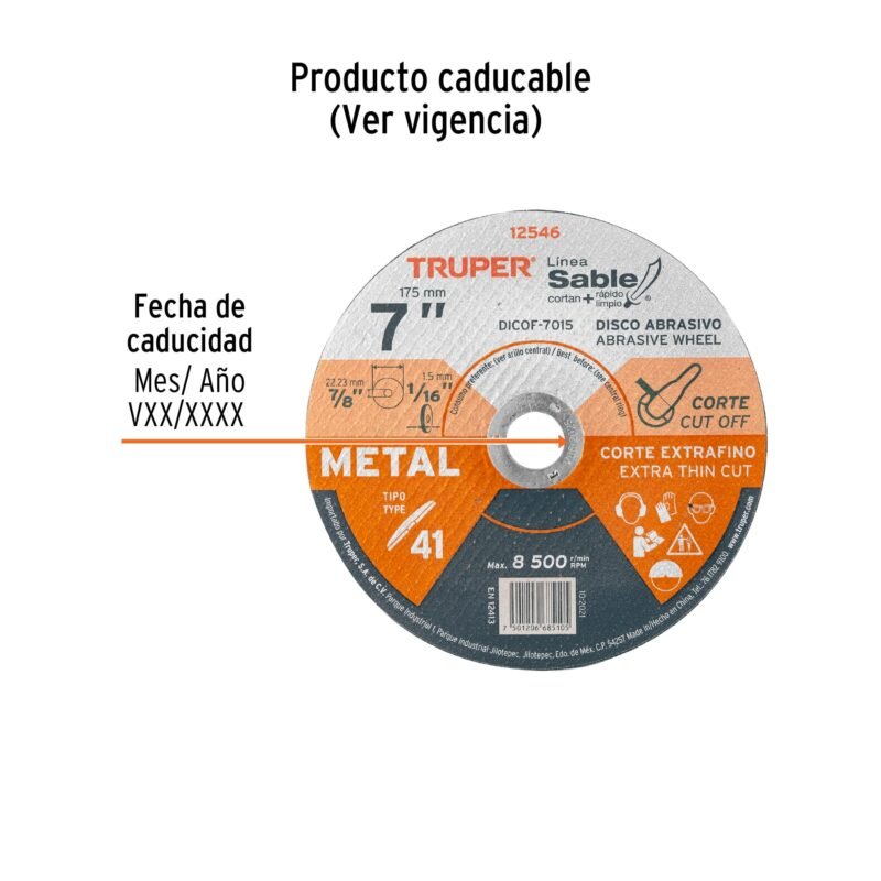 Código: 12546 Disco Tipo 41 de 7' x 1.5 mm corte fino de metal, Sable DICOF-7015