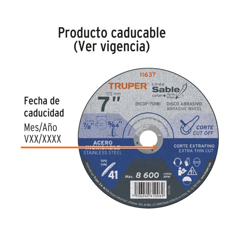 DICOF-7018IFC2.jpg Código: 11637 Disco Tipo 41 de 7' x 1.8 mm corte fino acero inox, Sable DICOF-7018I