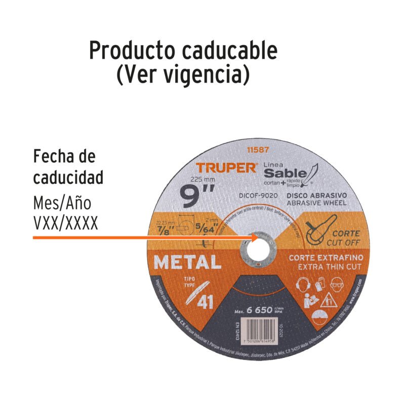 Código: 11587 Disco Tipo 41 de 9' x 2 mm corte fino de metal, Sable DICOF-9020