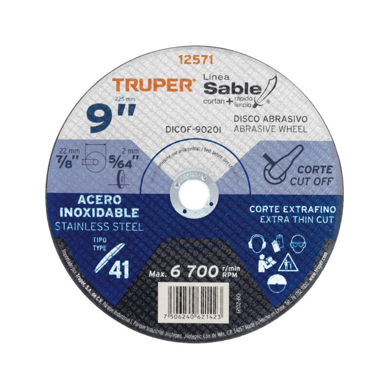 DICOF-9020I.jpg Código: 12571 Disco Tipo 41 de 9' x 2 mm corte fino acero inox, Sable DICOF-9020I