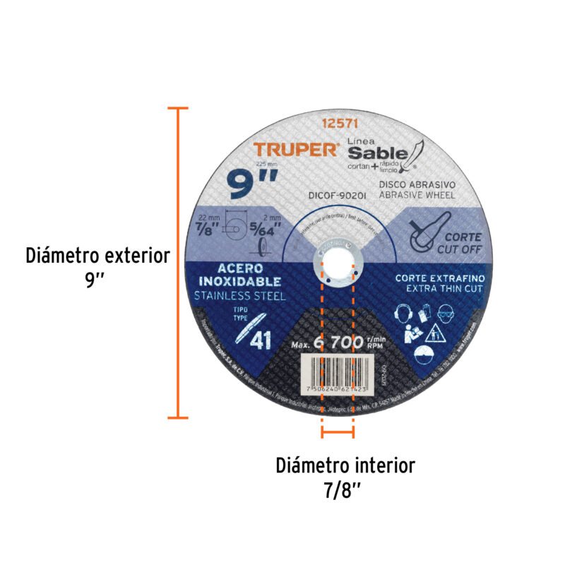 DICOF-9020IFC1.jpg Código: 12571 Disco Tipo 41 de 9' x 2 mm corte fino acero inox, Sable DICOF-9020I