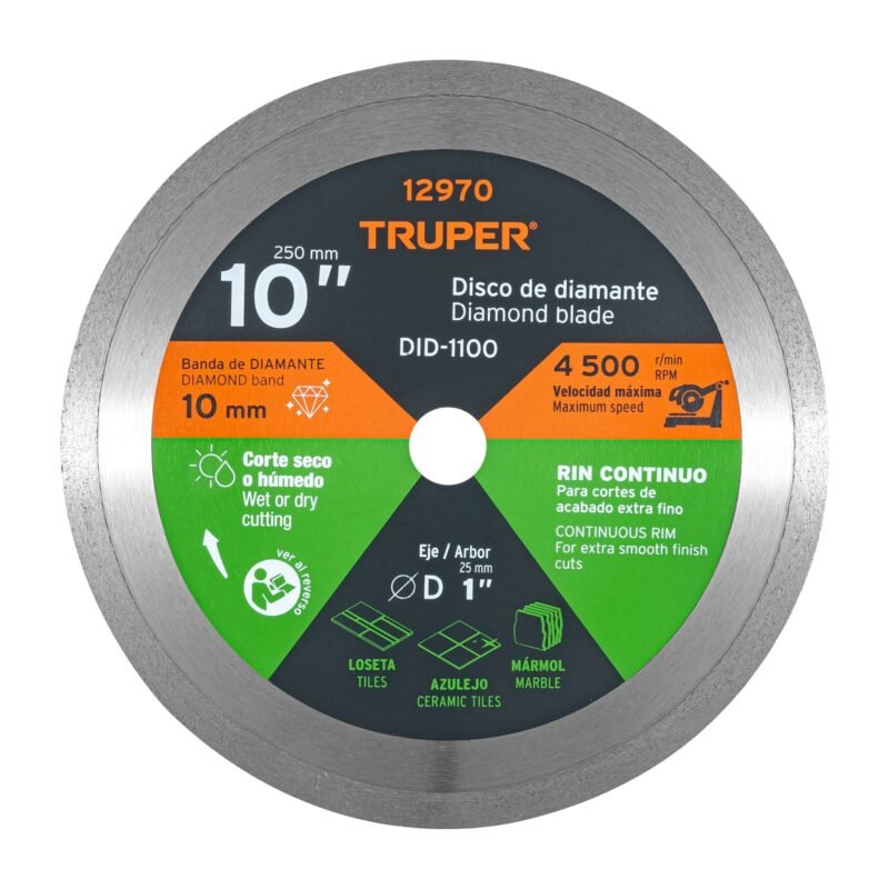 Código: 12970 Disco de diamante de 10' x 2.2 mm, rin continuo, TRUPER DID-1100