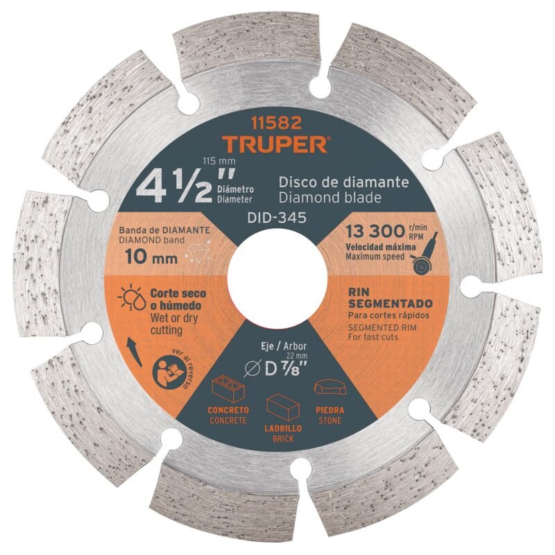 Código: 11582 Disco de diamante de 4-1/2' x 2.1 mm, rin segmentado, TRUPER DID-345