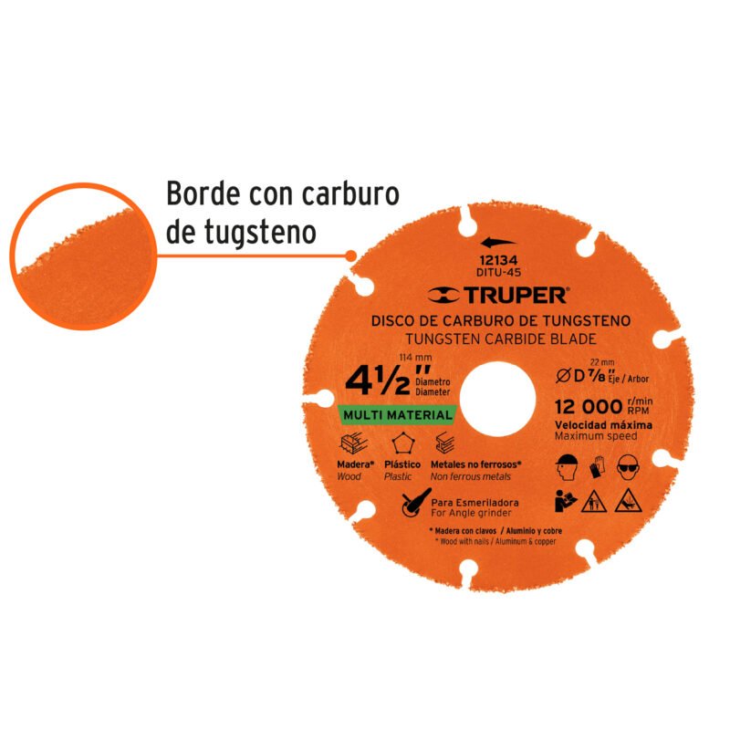 DITU-45FC1.jpg Código: 12134 Disco 4-1/2' multimaterial de carburo de tungsteno, Truper DITU-45