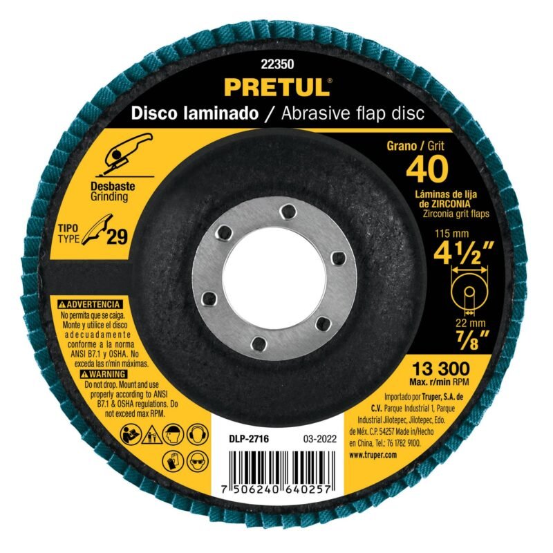 DLP-2716.jpg Código: 22350 Disco laminado 4-1/2', grano 40 centro 7/8', fibra, PRETUL DLP-2716
