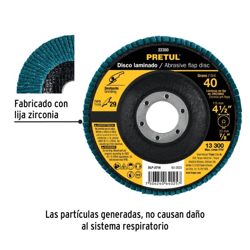 DLP-2716FC1.jpg Código: 22350 Disco laminado 4-1/2', grano 40 centro 7/8', fibra, PRETUL DLP-2716