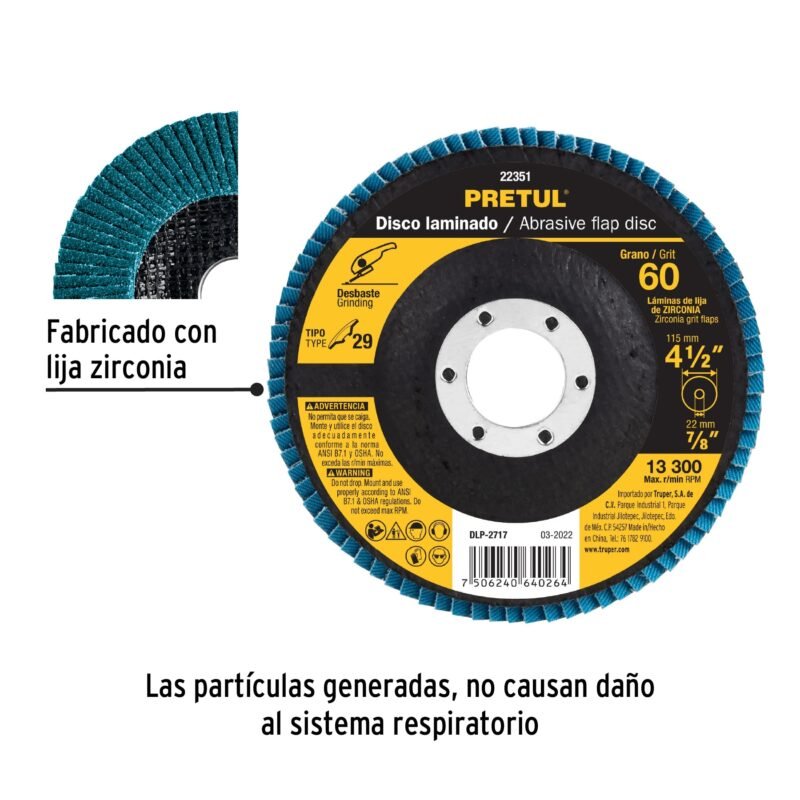 DLP-2717FC1.jpg Código: 22351 Disco laminado 4-1/2', grano 60 centro 7/8', fibra, PRETUL DLP-2717
