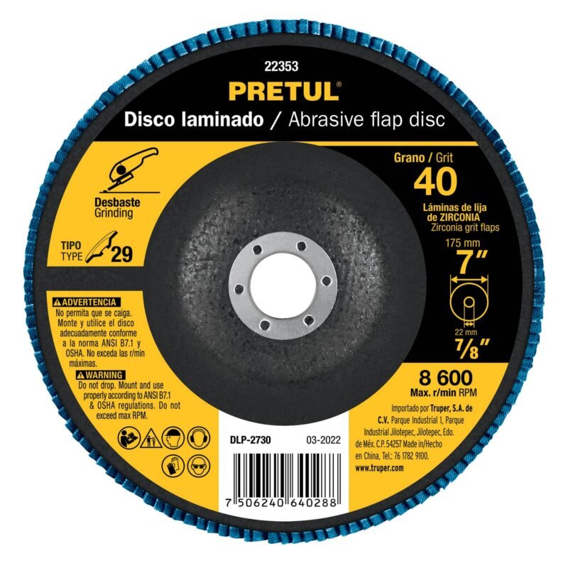 DLP-2730.jpg Código: 22353 Disco laminado 7', grano 40 centro 7/8', fibra, PRETUL DLP-2730