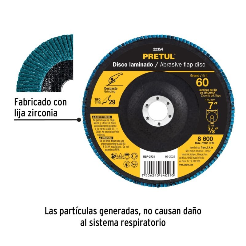 DLP-2731FC1.jpg Código: 22354 Disco laminado 7', grano 60 centro 7/8', fibra, PRETUL DLP-2731